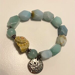 Handmade Sea Glass Blue Beaded Stretch Bracelet with Shell and Sand Dollar Charm